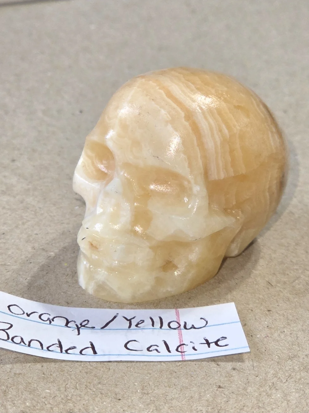 Detailed Orange/Yellow Banded Calcite Crystal Carved Skull Stone Sculpture Decor